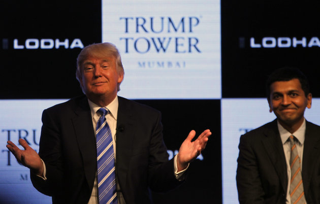 MUMBAI, INDIA - AUGUST 12: Donald J.Trump, Chairman and President of The Trump along with Abhishek Lodha, MD Lodha Group at a news conference to at the launch of Trump Tower on August 12, 2014 in Mumbai, India. The Trump Tower Mumbai has around 300 super luxury units in the three, four and five bedroom configuration, priced in the range of Rs 9 crore to Rs 18 crore. (Photo by Kunal Patil/Hindustan Times via Getty Images)
