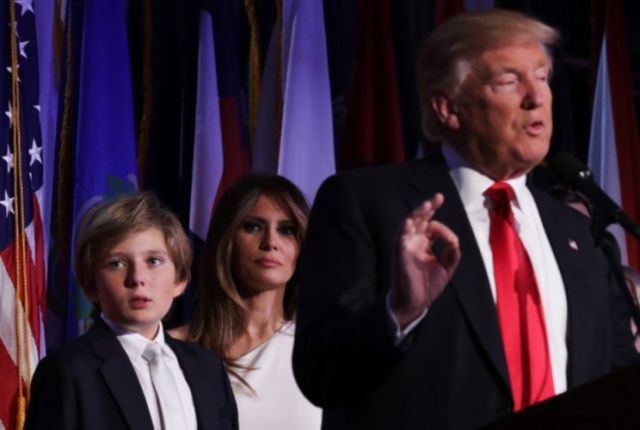 Melania Trump and son Barron watch as President-elect Donald Trump delivers his victory speech on election night. (Photo: Chip Somodevilla/Getty Images)