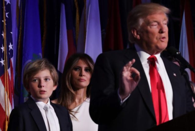 Melania Trump and son Barron watch as President-elect Donald Trump delivers his victory speech on election night. (Photo: Chip Somodevilla/Getty Images)