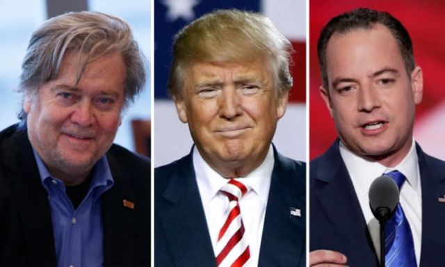 Steve Bannon, Donald Trump and Reince Priebus. (Photos: Evan Vucci/AP; J. Scott Applewhite/AP; Ralph Freso/Getty Images) 