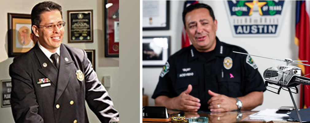Pena (left) joined the El Paso Fire Department in 1995 and then rose through the ranks to the position of fire chief, which he has held since 2013. Acevedo has served as Austin’s police chief since 2007. His 30 years of law enforcement experience began as a field patrol officer in East Los Angeles. 