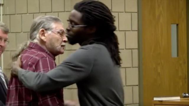 John Franklin McGraw, left, and Rakeem Jones hug in a Cumberland County courtroom on Wednesday in North Carolina. (Photo: AP)