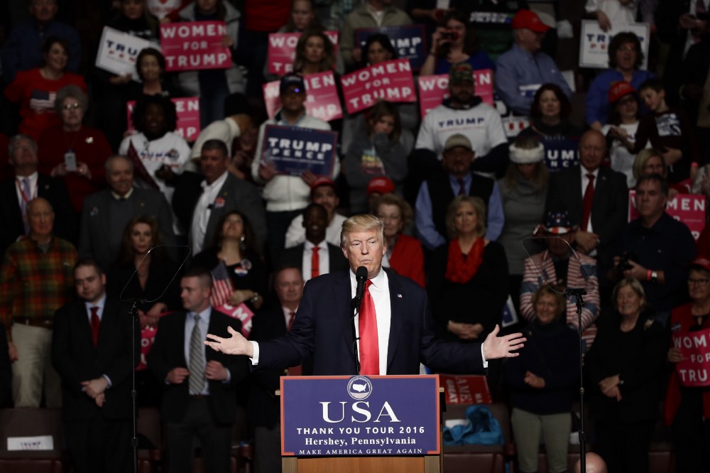 President-elect Donald Trump speaks during a rally at the Giant Center, Thursday, Dec. 15, 2016, in Hershey, Pa. CREDIT: AP Photo/Matt Rourke