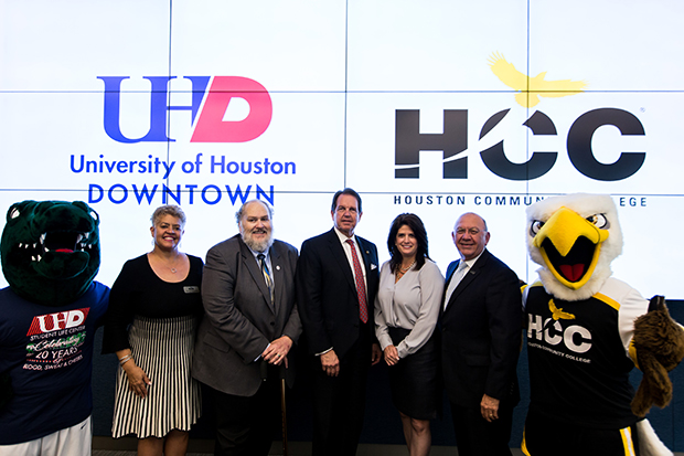 Photo: (l-r) Dr. Carolyn Evans-Shabazz, HCC Board of Trustees Secretary, District IV; Dr. Michael A. Olivas, interim president, University of Houston-Downtown (UHD); Welcome Wilson, Jr., UH System Board of Regents Vice Chairman; Dr. Adriana Tamez, HCC Board of Trustees Chair, District III; and Dr. Cesar Maldonado, HCC Chancellor attend signing ceremony for articulation agreement that will allow HCC students to make seamless transfers to UHD.